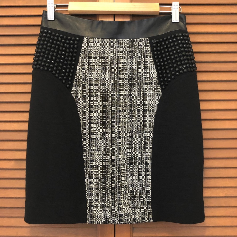 Milly tweed leather trim skirt beaded black 8